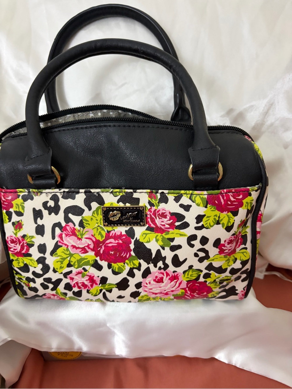 NWOT Betsey Johnson Floral & Leopard Print Satchel Handbag in Black and Pink